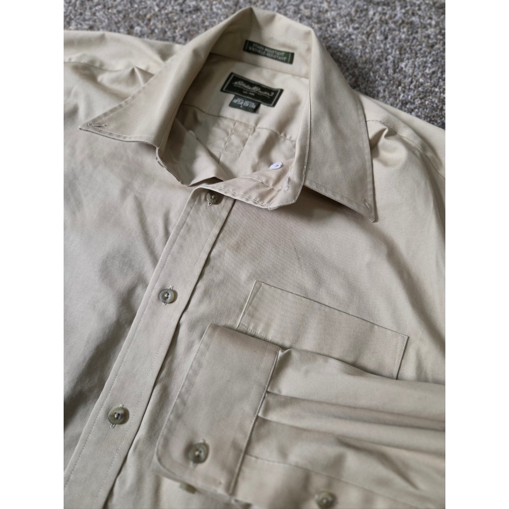 Eddie Bauer‎ Mens Tan Khaki Cotton Button Down Shirt Stain Wrinkle Resistant L